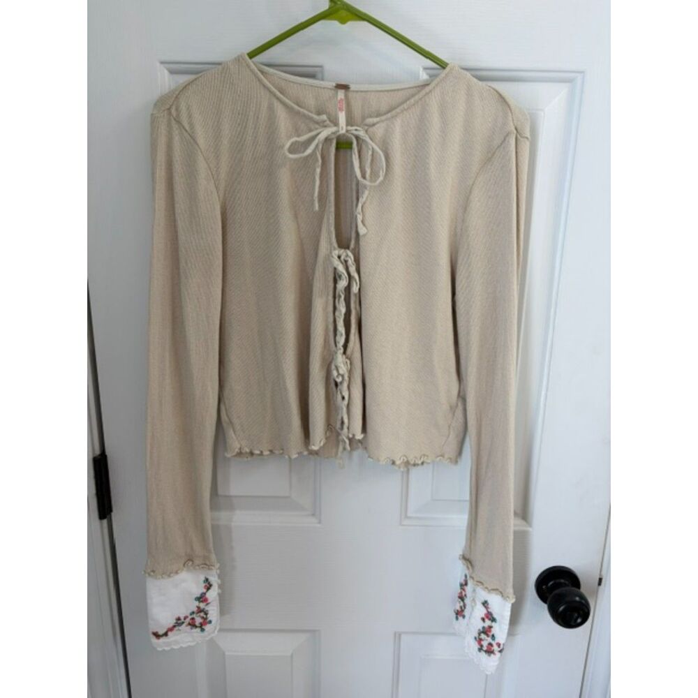 Free People Dipped in Floral Cardi Cottagecore Tie 100% Cotton Sweater Size S